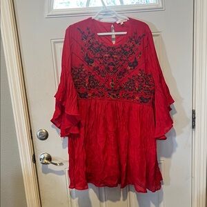Umgee Red Long Sleeve Dress with Black Embroidery